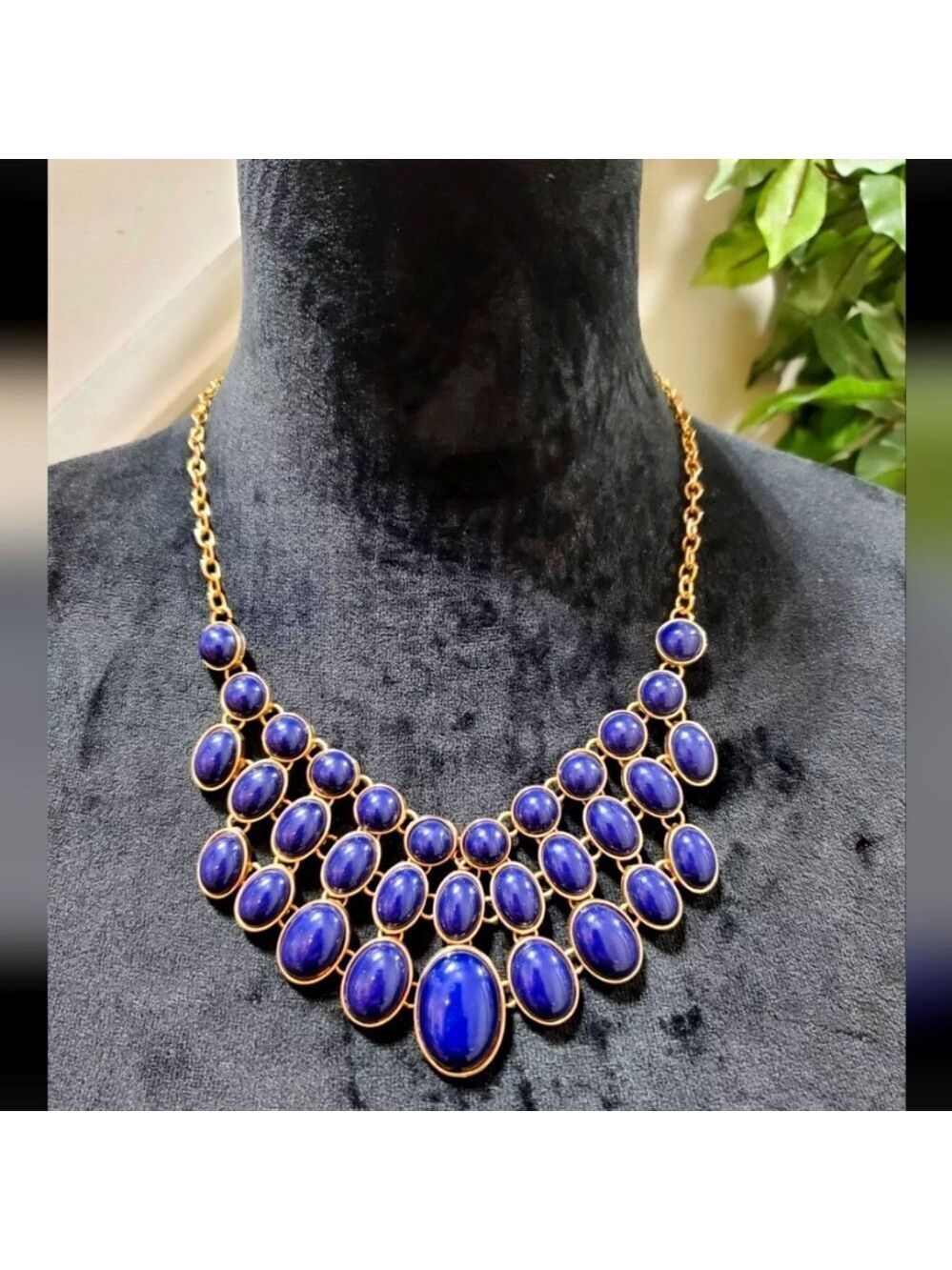 Blue Rhinestone Gold Chain Statement Necklace Vtg